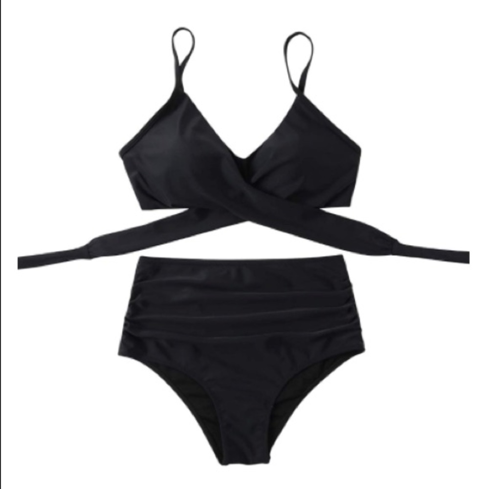 New!✨ Classic Black High-Waist Tummy Control Cross Front 2 Piece Boutique Bikini